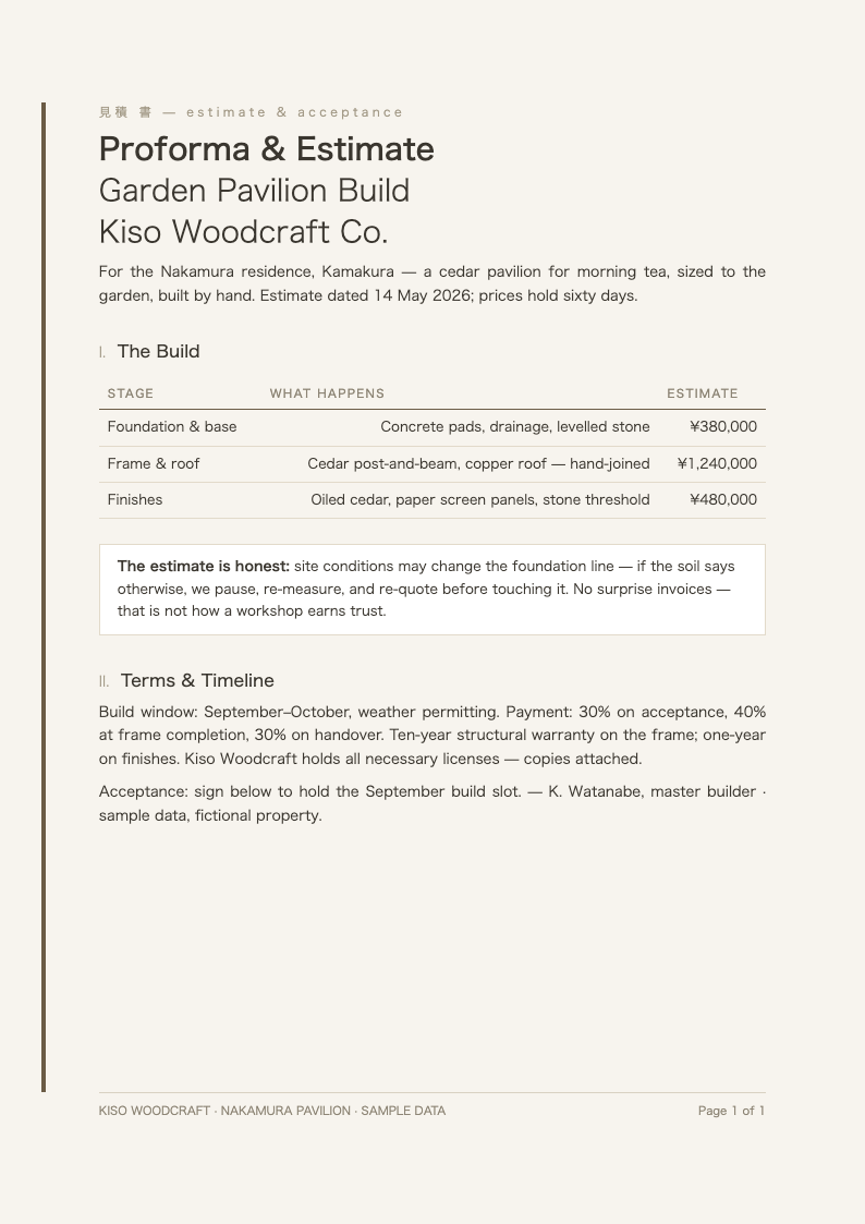 Japandi minimalist proforma invoice